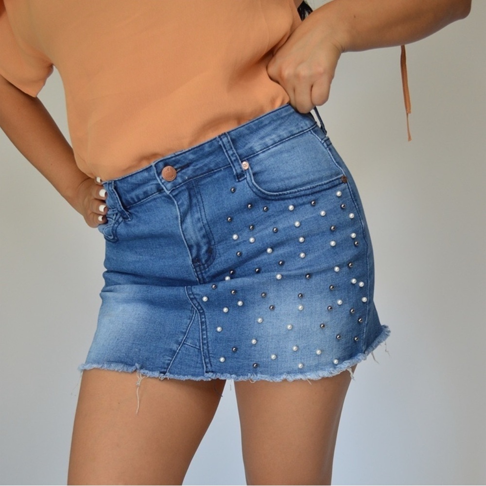 Authurna Denim Blue Pearled Mini Distressed Summer Skirt 5-Pockets Size M